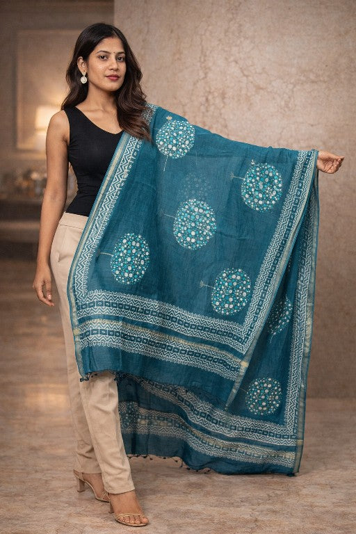 Sanskriti Vintage Blue Cotton Silk Dupatta Stole Hand Block Printed Bagru Scarf