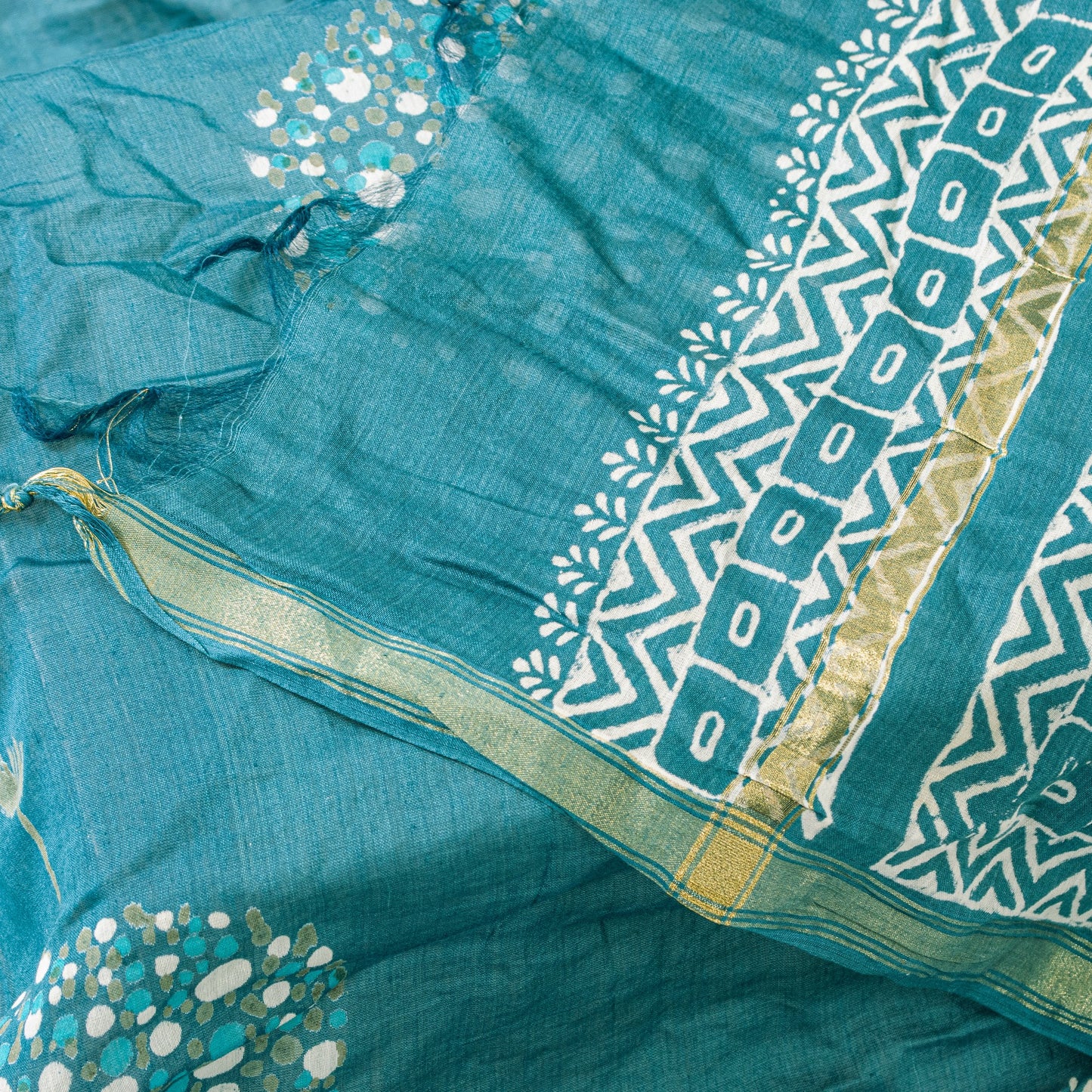 Sanskriti Vintage Blue Cotton Silk Dupatta Stole Hand Block Printed Bagru Scarf
