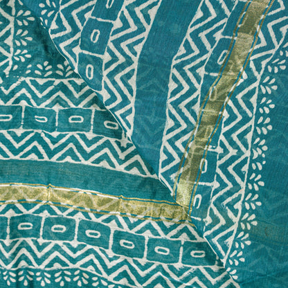 Sanskriti Vintage Blue Cotton Silk Dupatta Stole Hand Block Printed Bagru Scarf