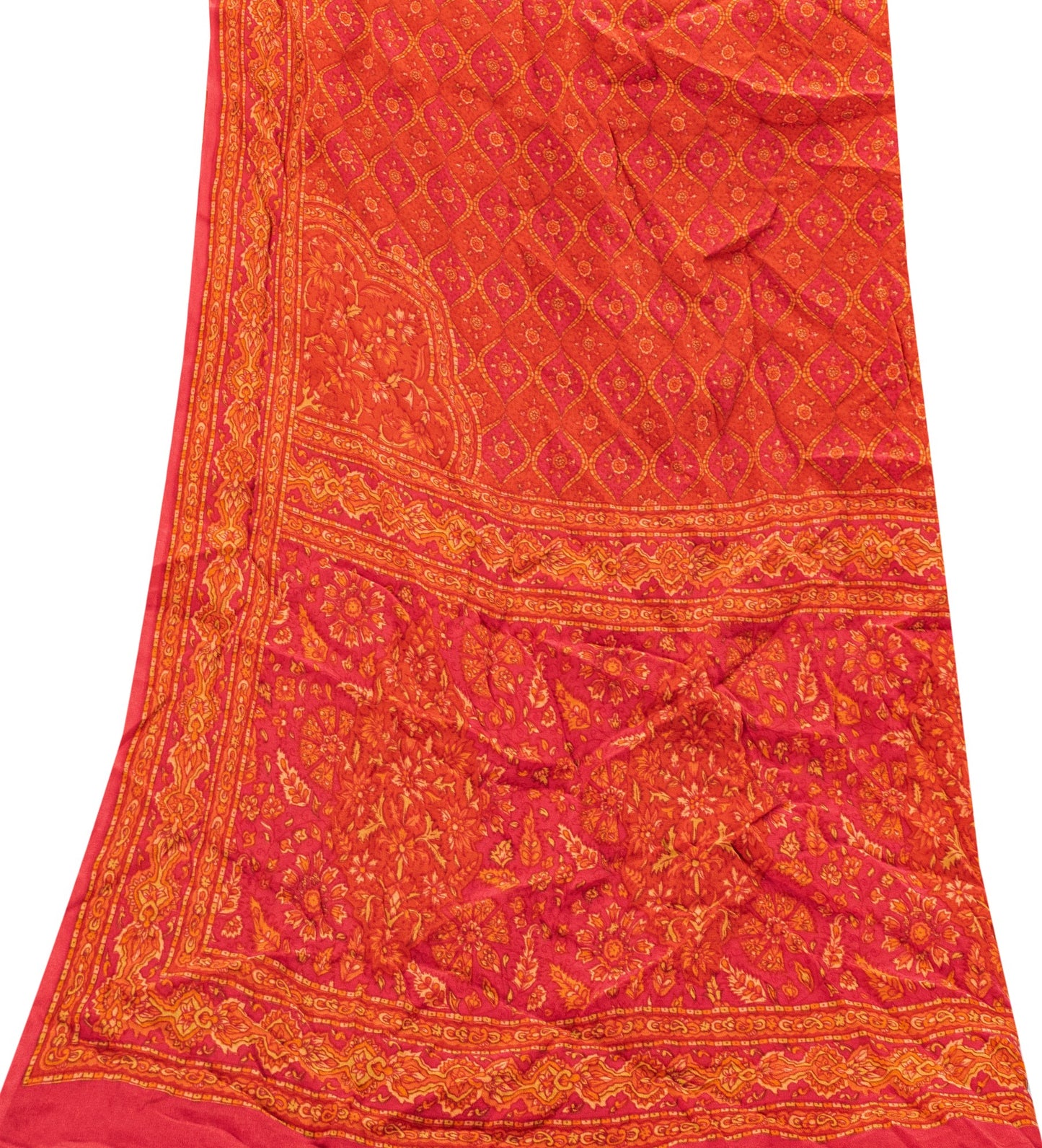 Sanskriti Vintage Orange-Pink Pure Crepe Silk Dupatta Stole Floral Printed Scarf