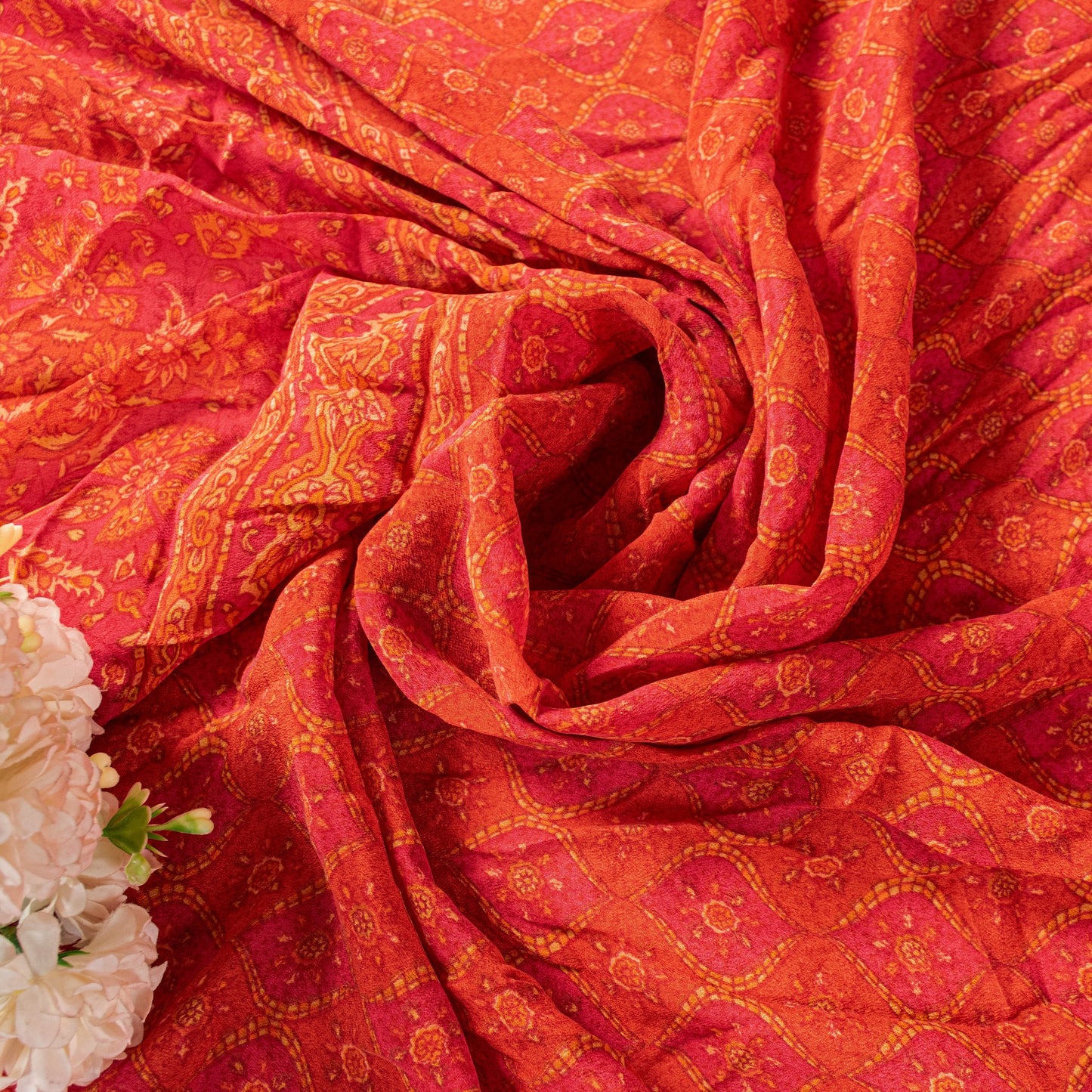 Sanskriti Vintage Orange-Pink Pure Crepe Silk Dupatta Stole Floral Printed Scarf