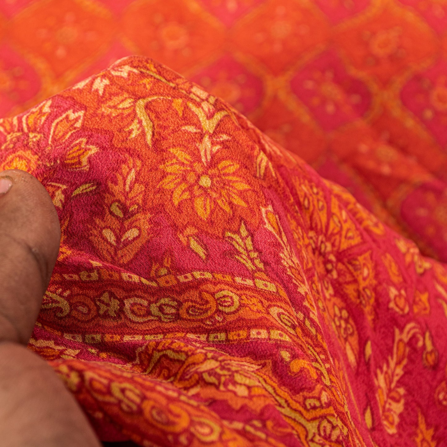 Sanskriti Vintage Orange-Pink Pure Crepe Silk Dupatta Stole Floral Printed Scarf