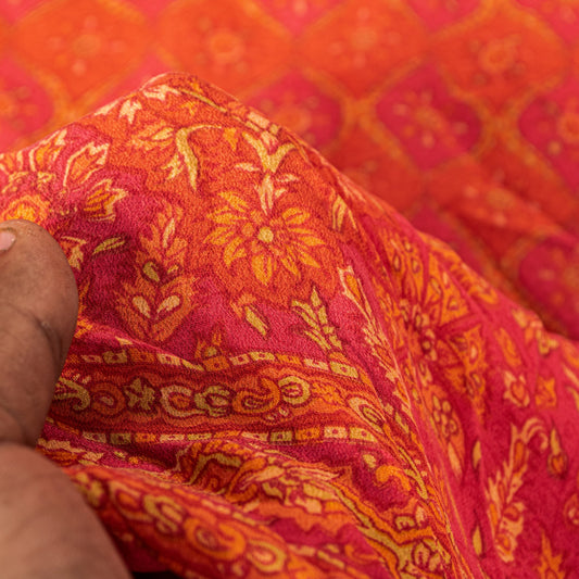 Sanskriti Vintage Orange-Pink Pure Crepe Silk Dupatta Stole Floral Printed Scarf