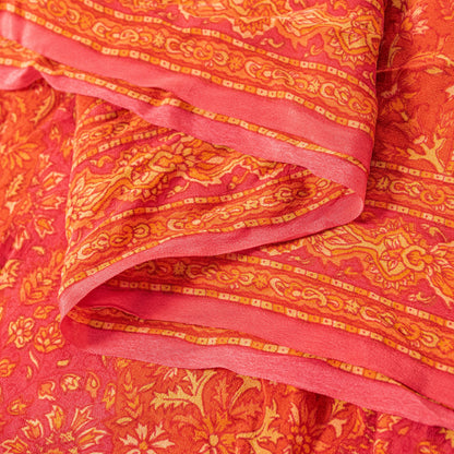 Sanskriti Vintage Orange-Pink Pure Crepe Silk Dupatta Stole Floral Printed Scarf