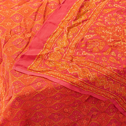 Sanskriti Vintage Orange-Pink Pure Crepe Silk Dupatta Stole Floral Printed Scarf