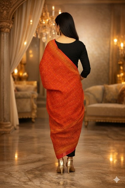 Sanskriti Vintage Orange-Pink Pure Crepe Silk Dupatta Stole Floral Printed Scarf