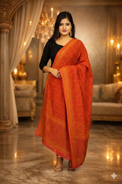 Sanskriti Vintage Orange-Pink Pure Crepe Silk Dupatta Stole Floral Printed Scarf