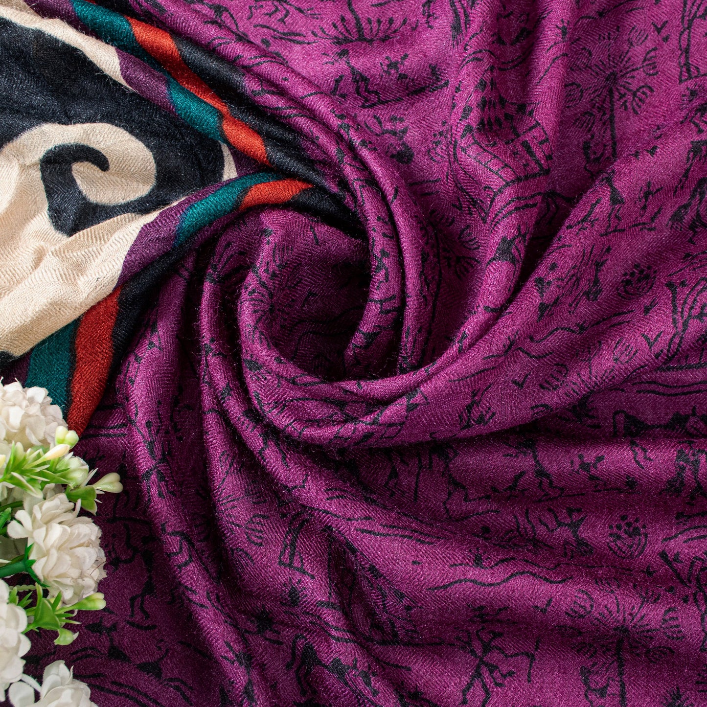 Sanskriti Vintage Purple Dupatta Stole Woolen Silk Warli Art Printed Woven Scarf