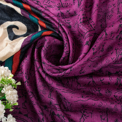 Sanskriti Vintage Purple Dupatta Stole Woolen Silk Warli Art Printed Woven Scarf