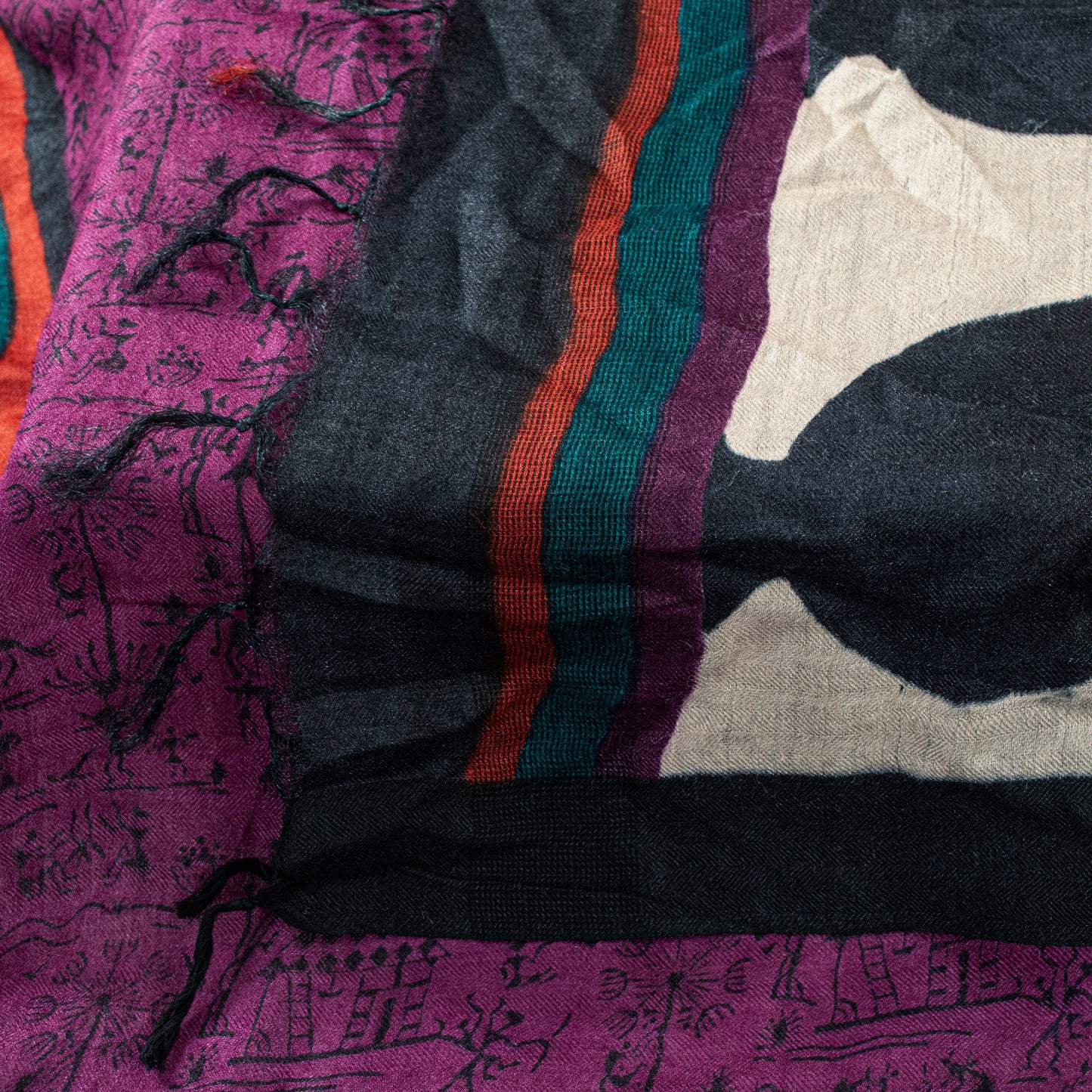 Sanskriti Vintage Purple Dupatta Stole Woolen Silk Warli Art Printed Woven Scarf