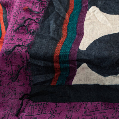 Sanskriti Vintage Purple Dupatta Stole Woolen Silk Warli Art Printed Woven Scarf