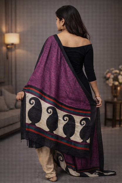 Sanskriti Vintage Purple Dupatta Stole Woolen Silk Warli Art Printed Woven Scarf