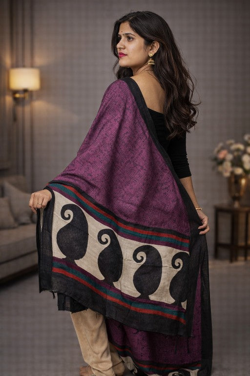 Sanskriti Vintage Purple Dupatta Stole Woolen Silk Warli Art Printed Woven Scarf