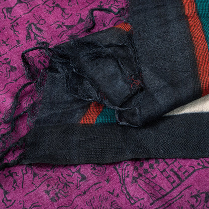Sanskriti Vintage Purple Dupatta Stole Woolen Silk Warli Art Printed Woven Scarf