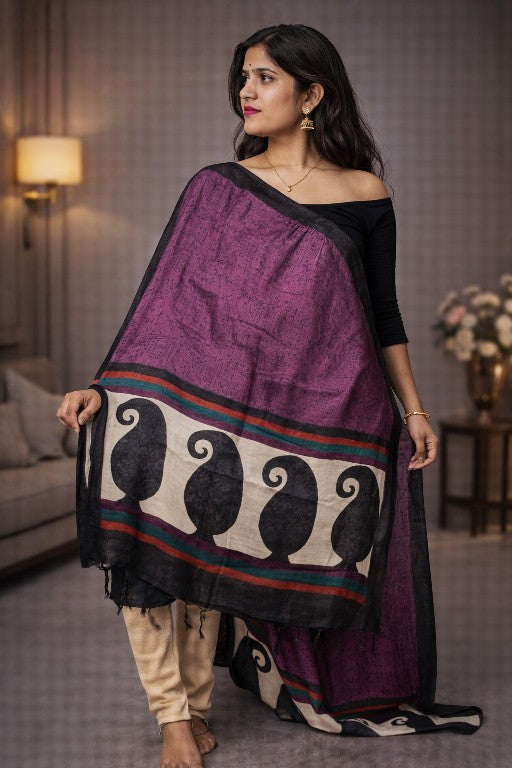 Sanskriti Vintage Purple Dupatta Stole Woolen Silk Warli Art Printed Woven Scarf