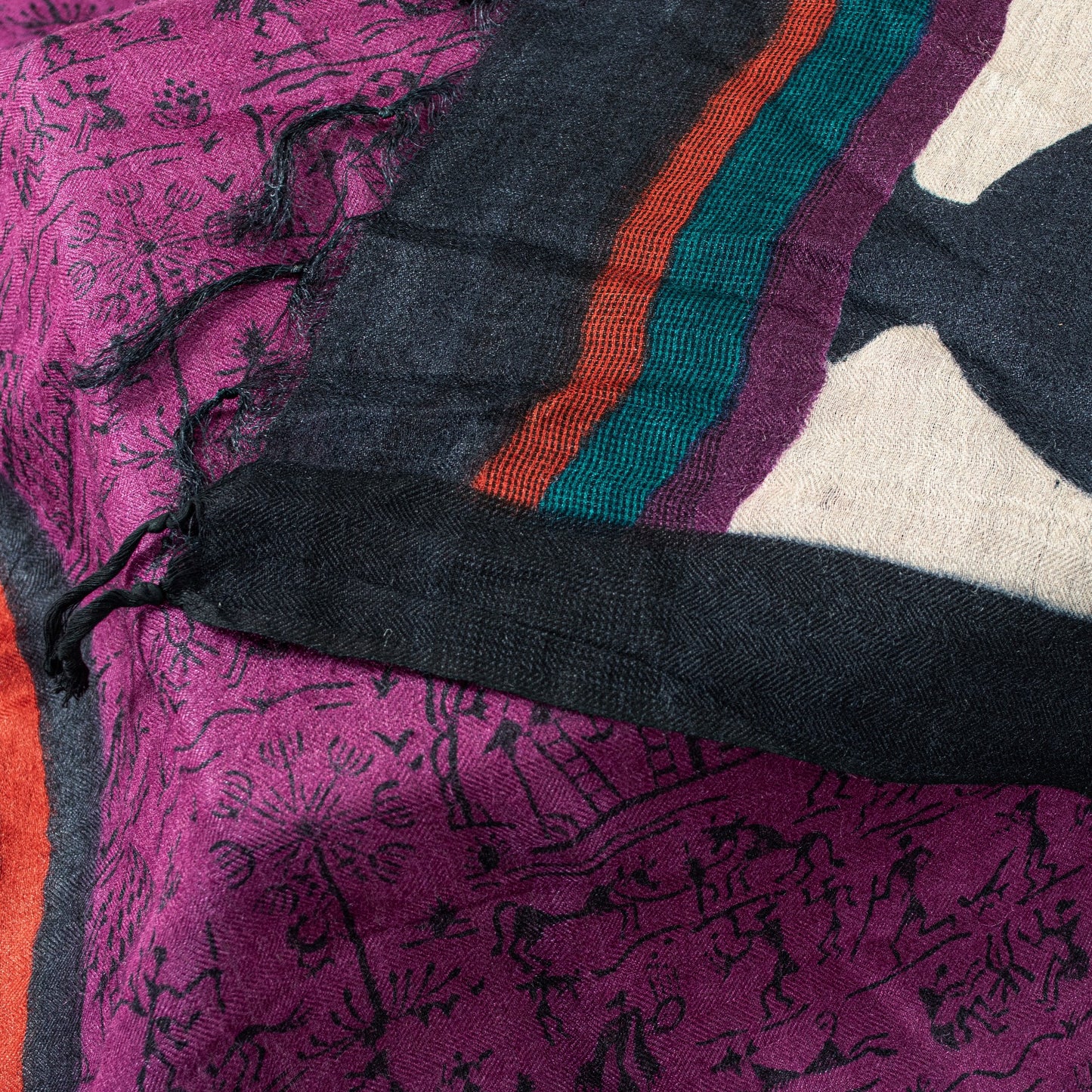 Sanskriti Vintage Purple Dupatta Stole Woolen Silk Warli Art Printed Woven Scarf