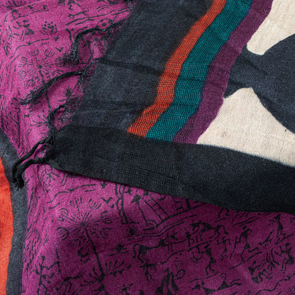 Sanskriti Vintage Purple Dupatta Stole Woolen Silk Warli Art Printed Woven Scarf