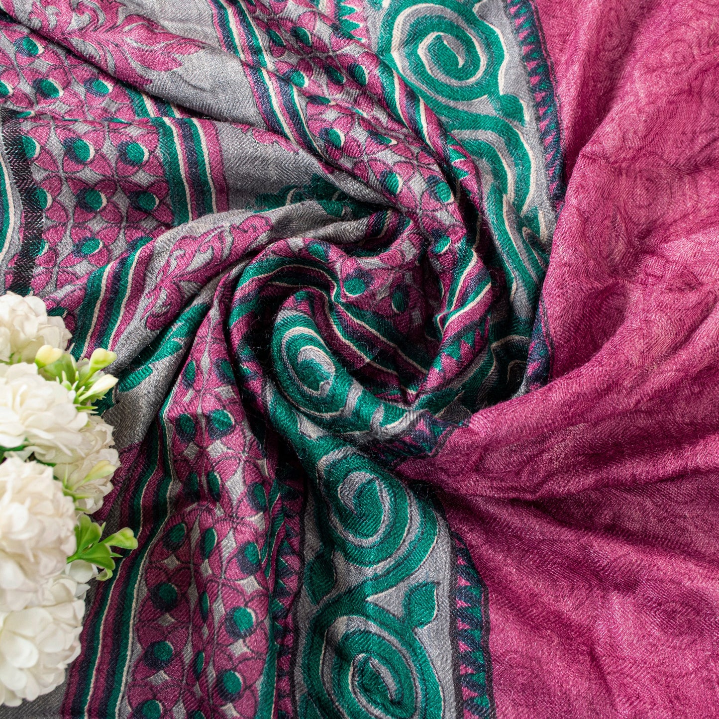 Sanskriti Vintage Soft Woolen Silk Magenta Dupatta Stole Floral Print Neck Scarf