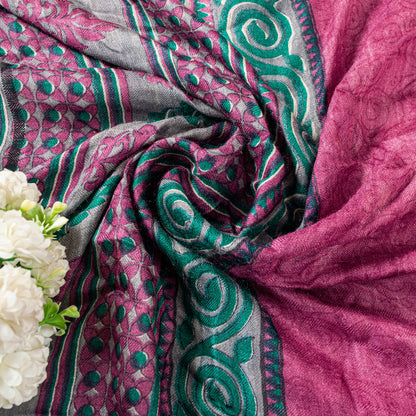 Sanskriti Vintage Soft Woolen Silk Magenta Dupatta Stole Floral Print Neck Scarf