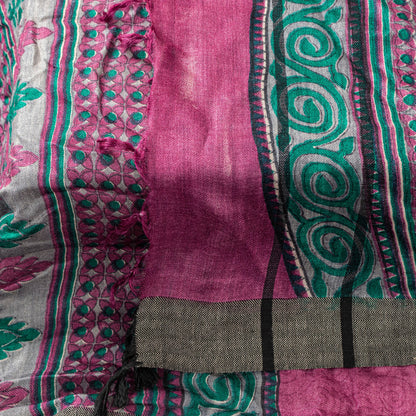 Sanskriti Vintage Soft Woolen Silk Magenta Dupatta Stole Floral Print Neck Scarf