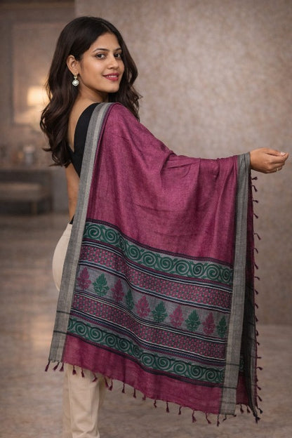 Sanskriti Vintage Soft Woolen Silk Magenta Dupatta Stole Floral Print Neck Scarf