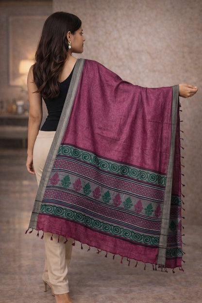 Sanskriti Vintage Soft Woolen Silk Magenta Dupatta Stole Floral Print Neck Scarf