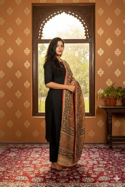 Sanskriti Vintage Orange Pure Cotton Dupatta Stole Hand Block Printed Mirror