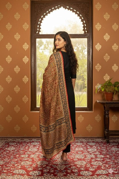 Sanskriti Vintage Orange Pure Cotton Dupatta Stole Hand Block Printed Mirror