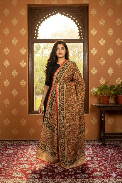 Sanskriti Vintage Orange Pure Cotton Dupatta Stole Hand Block Printed Mirror