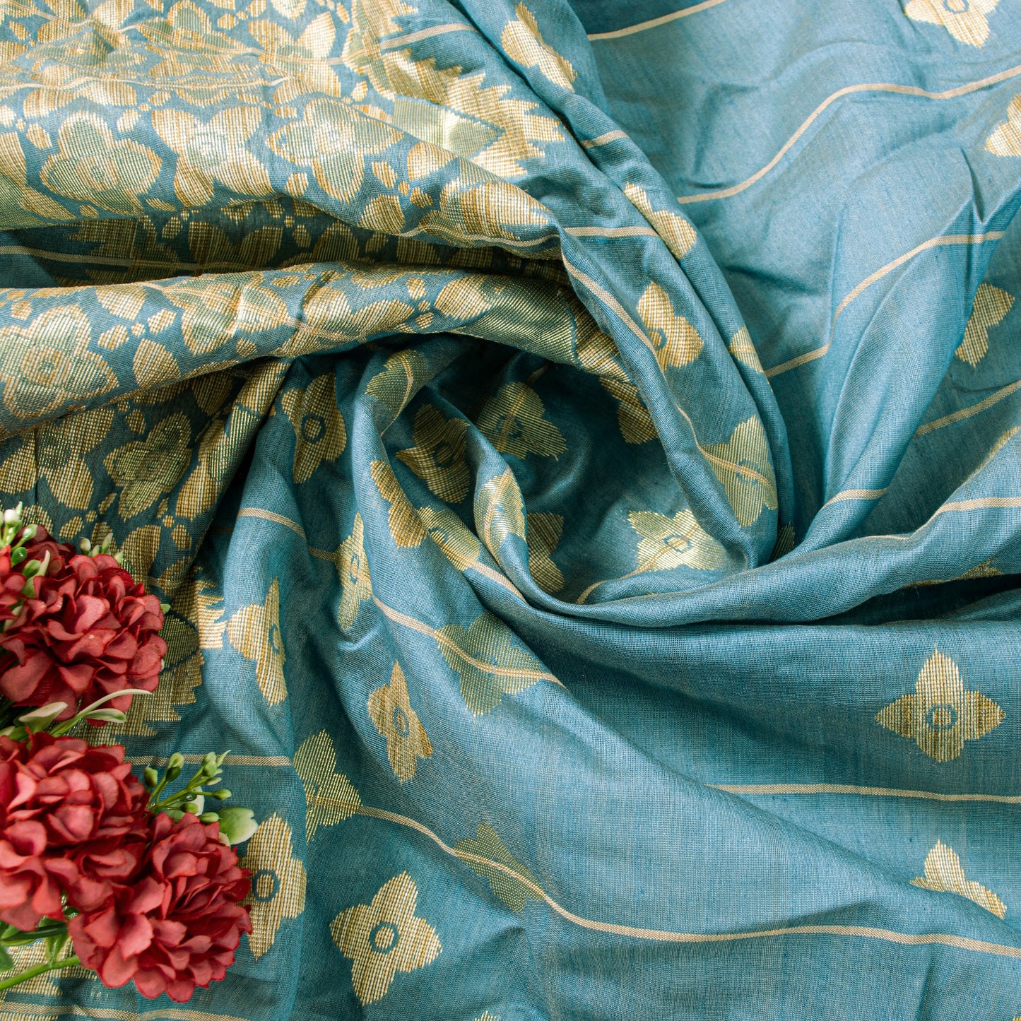 Sanskriti Vintage Blue Cotton Silk Dupatta Stole Tant Hand Woven Bengali Scarf