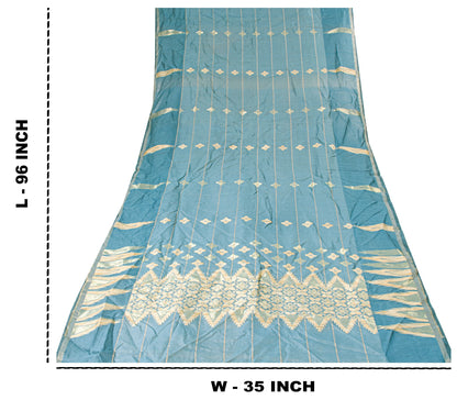 Sanskriti Vintage Blue Cotton Silk Dupatta Stole Tant Hand Woven Bengali Scarf