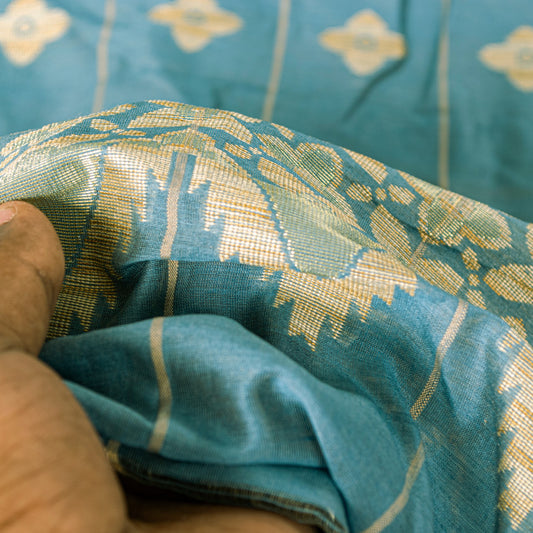 Sanskriti Vintage Blue Cotton Silk Dupatta Stole Tant Hand Woven Bengali Scarf
