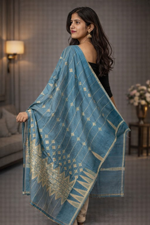 Sanskriti Vintage Blue Cotton Silk Dupatta Stole Tant Hand Woven Bengali Scarf