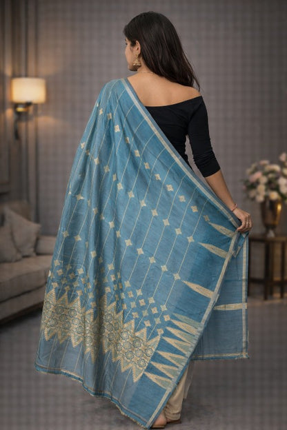 Sanskriti Vintage Blue Cotton Silk Dupatta Stole Tant Hand Woven Bengali Scarf