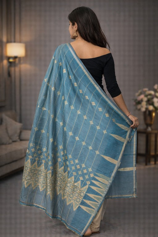 Sanskriti Vintage Blue Cotton Silk Dupatta Stole Tant Hand Woven Bengali Scarf