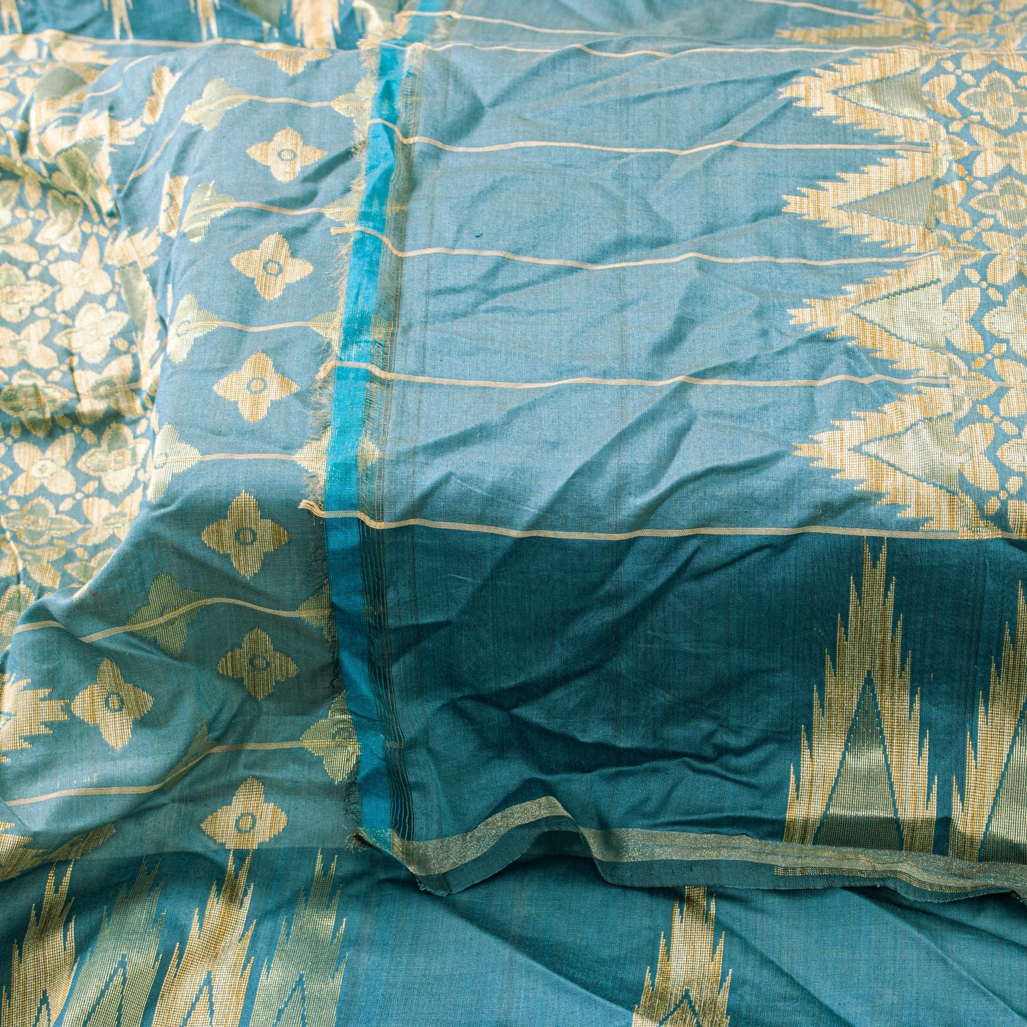 Sanskriti Vintage Blue Cotton Silk Dupatta Stole Tant Hand Woven Bengali Scarf