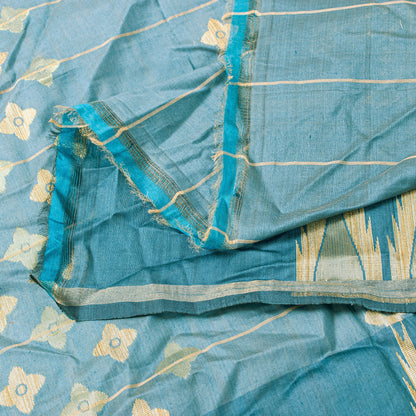 Sanskriti Vintage Blue Cotton Silk Dupatta Stole Tant Hand Woven Bengali Scarf