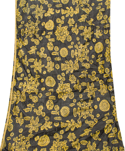 Sanskriti Vintage Yellow-Black Pure Silk Dupatta Stole Saura Tribal Art Odisha