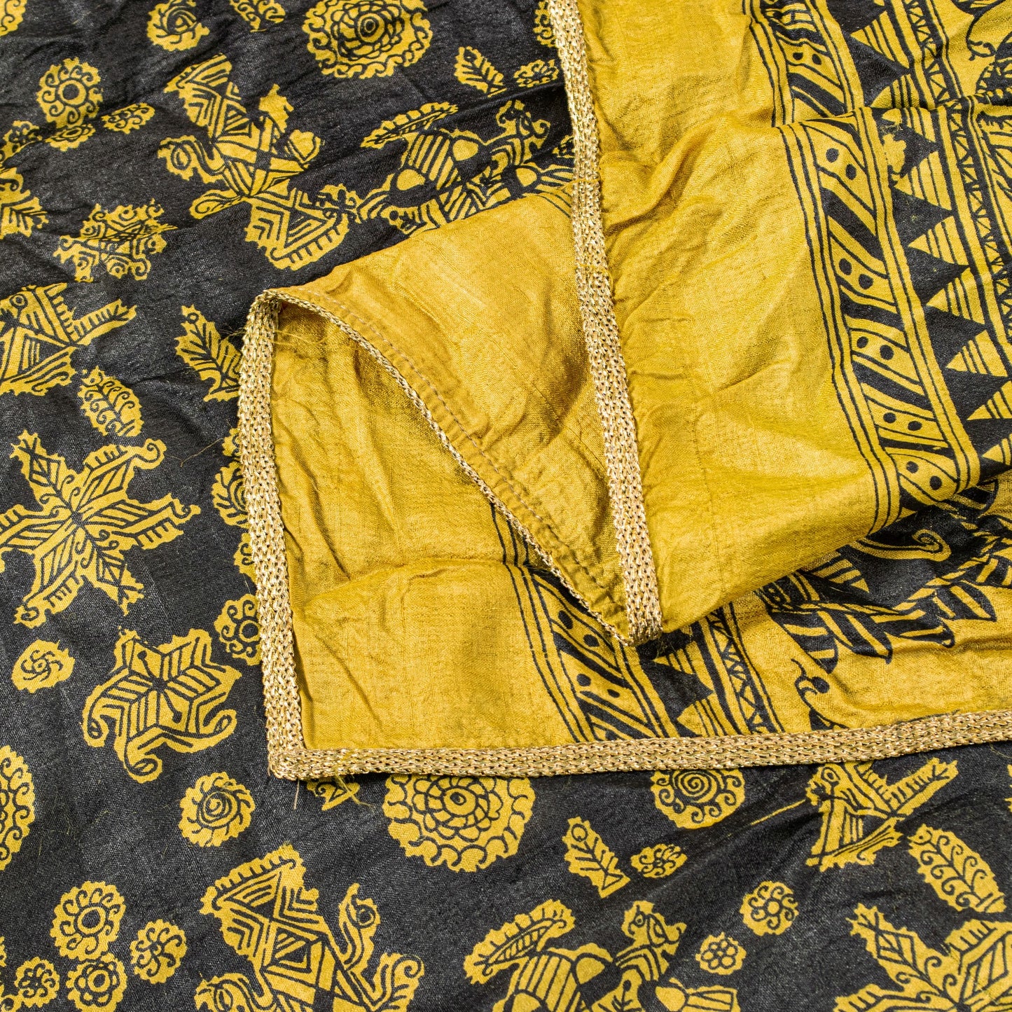 Sanskriti Vintage Yellow-Black Pure Silk Dupatta Stole Saura Tribal Art Odisha