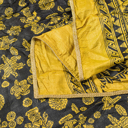 Sanskriti Vintage Yellow-Black Pure Silk Dupatta Stole Saura Tribal Art Odisha