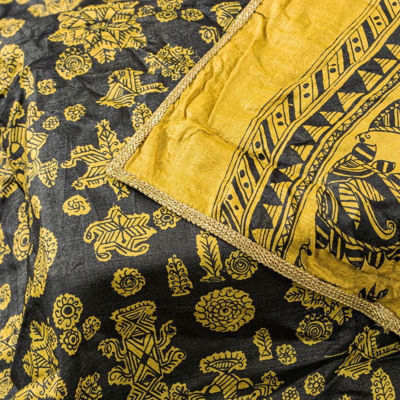 Sanskriti Vintage Yellow-Black Pure Silk Dupatta Stole Saura Tribal Art Odisha