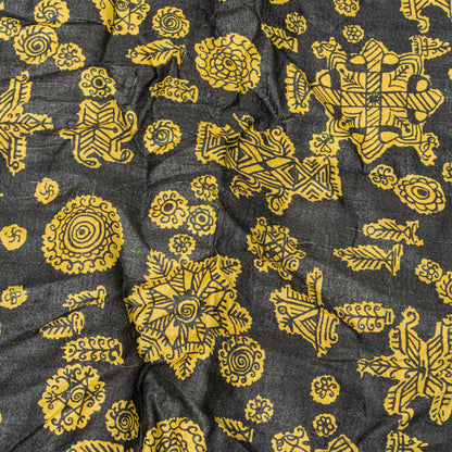Sanskriti Vintage Yellow-Black Pure Silk Dupatta Stole Saura Tribal Art Odisha