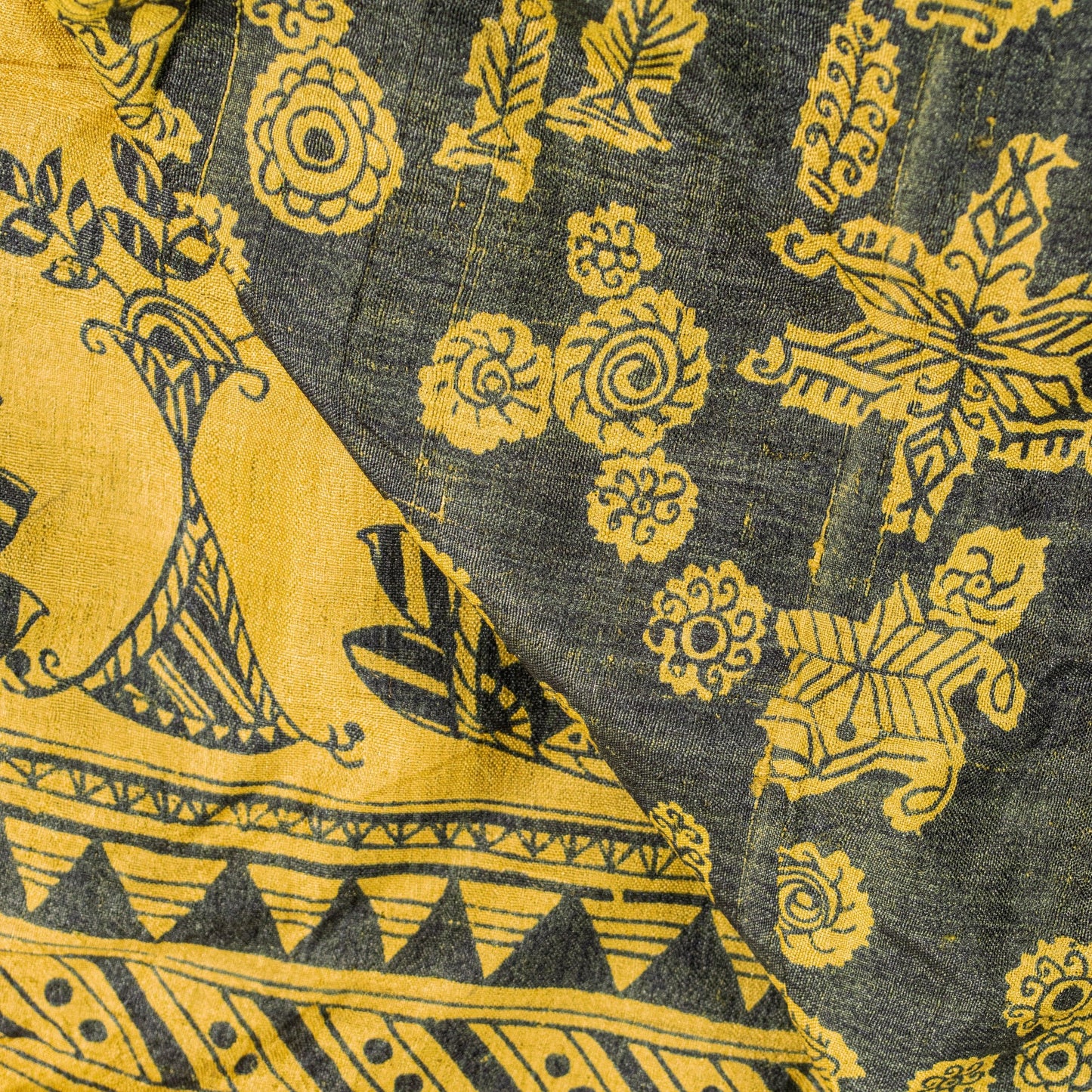 Sanskriti Vintage Yellow-Black Pure Silk Dupatta Stole Saura Tribal Art Odisha