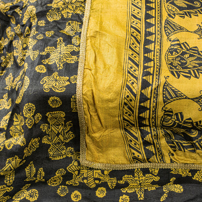 Sanskriti Vintage Yellow-Black Pure Silk Dupatta Stole Saura Tribal Art Odisha