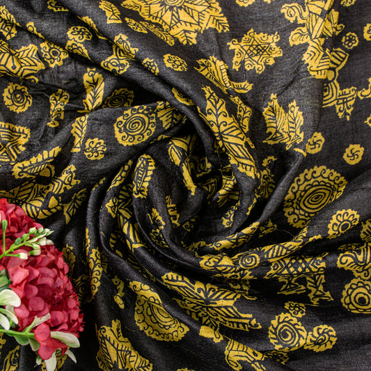 Sanskriti Vintage Yellow-Black Pure Silk Dupatta Stole Saura Tribal Art Odisha