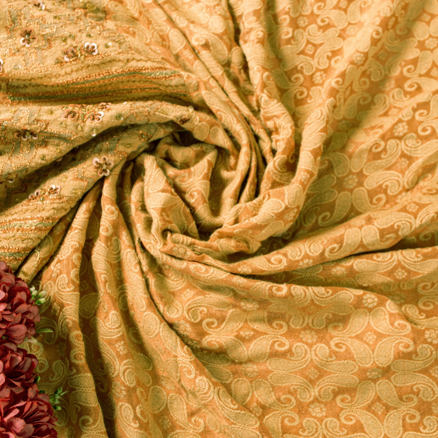 Sanskriti Vintage Orange Cotton Silk Dupatta Handbeaded Woven Paisley Stole Veil