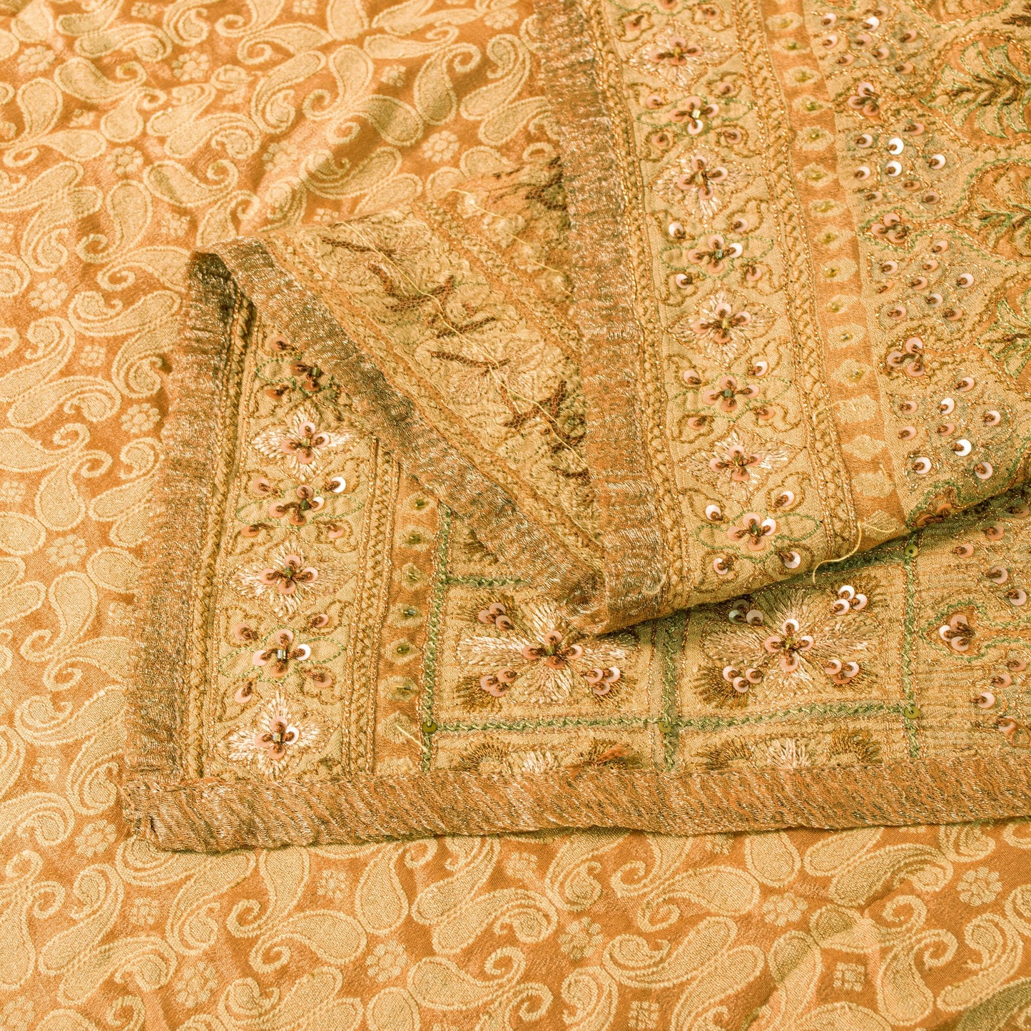 Sanskriti Vintage Orange Cotton Silk Dupatta Handbeaded Woven Paisley Stole Veil