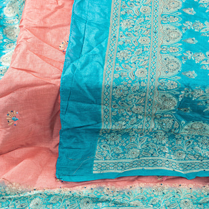 Sanskriti Vintage Pink-Blue Pure Silk Dupatta Stole Hand Woven Embroidered Veil