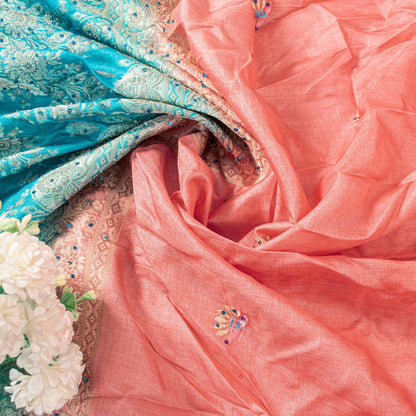 Sanskriti Vintage Pink-Blue Pure Silk Dupatta Stole Hand Woven Embroidered Veil