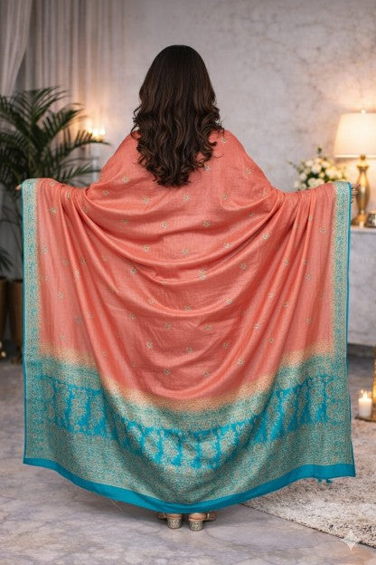 Sanskriti Vintage Pink-Blue Pure Silk Dupatta Stole Hand Woven Embroidered Veil